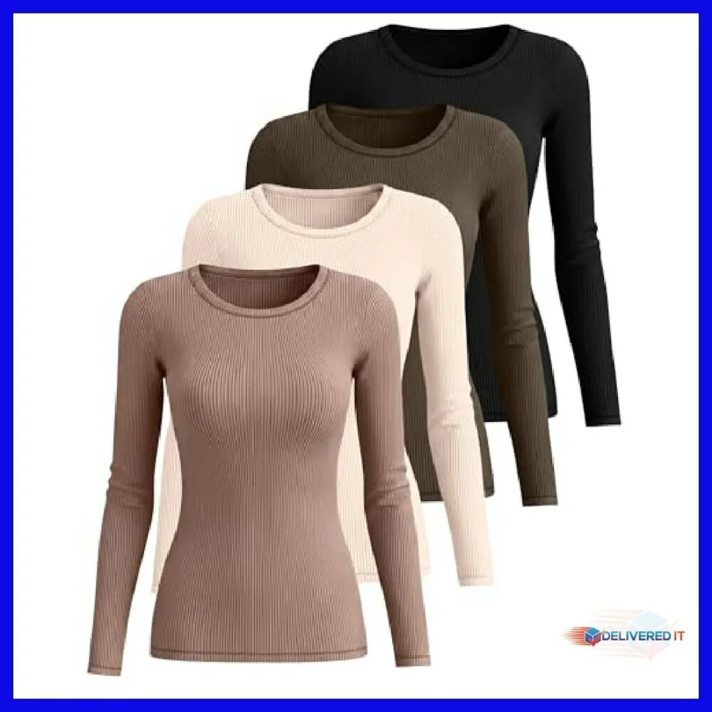 4 Pack Women's Ribbed Long Sleeve Cotton Tees Slim Fit Stretch Knit